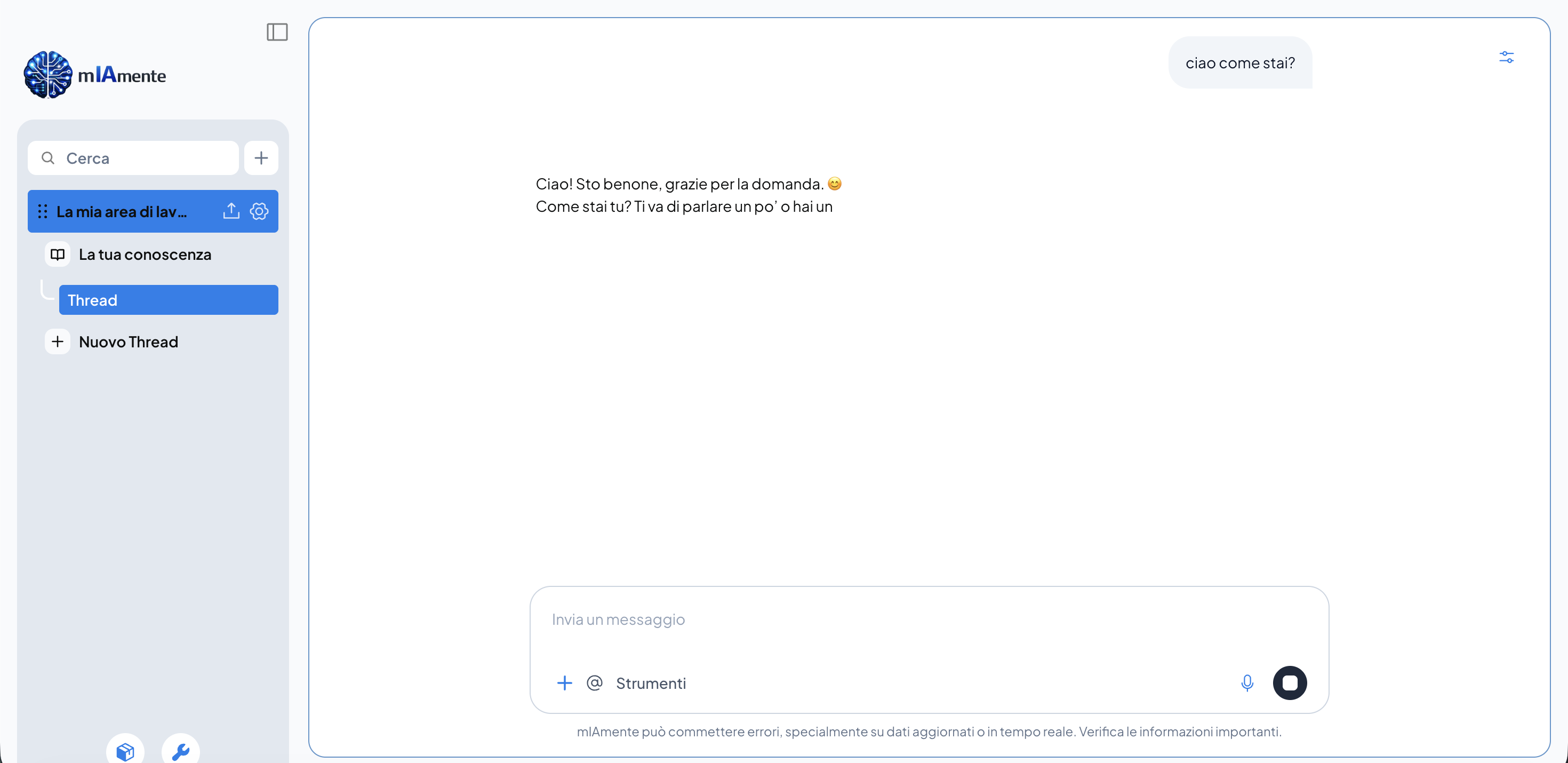 Screenshot reale di una conversazione con mIAmente